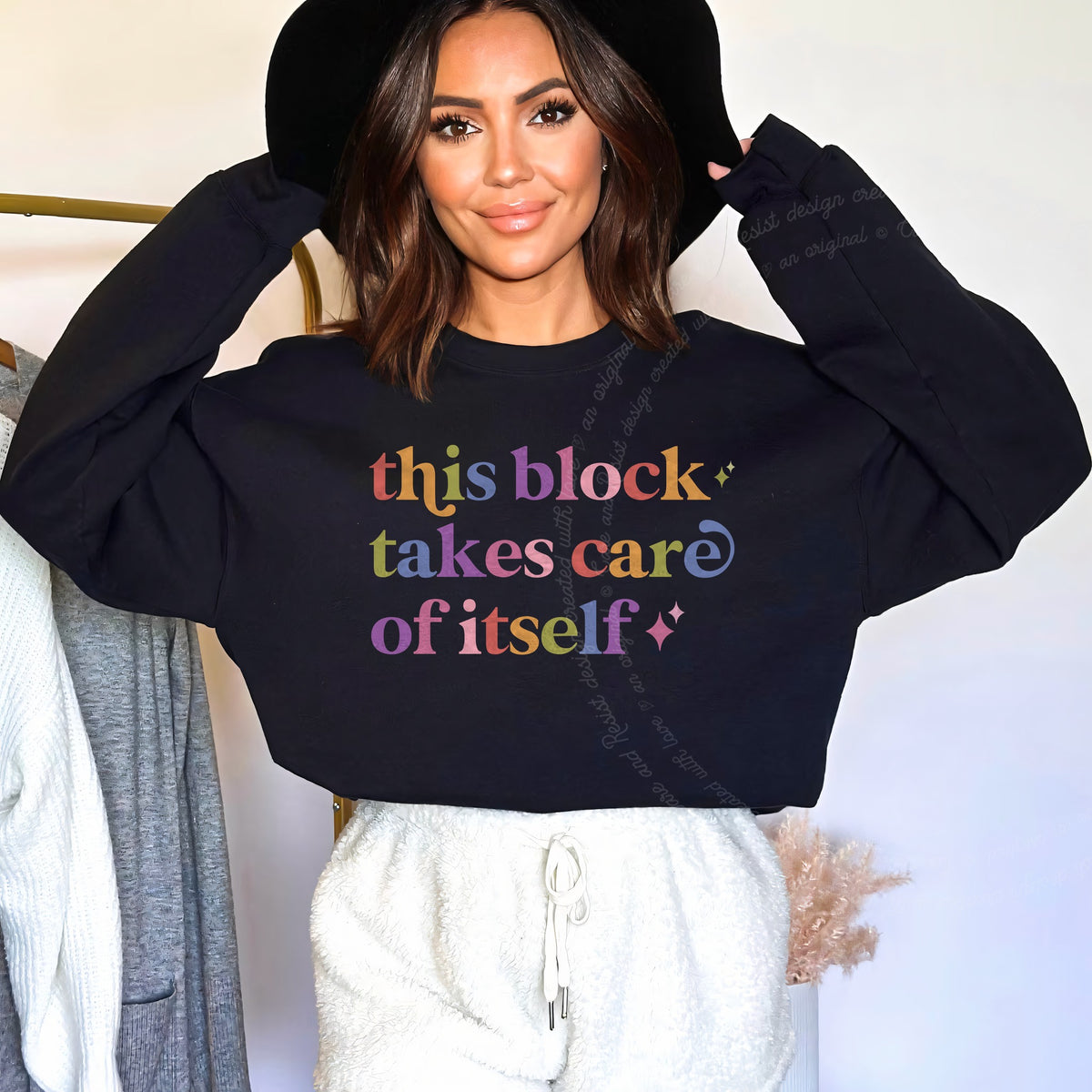 This Block Takes Care of Itself Care & Resist Gildan crewneck sweatshirt in Black