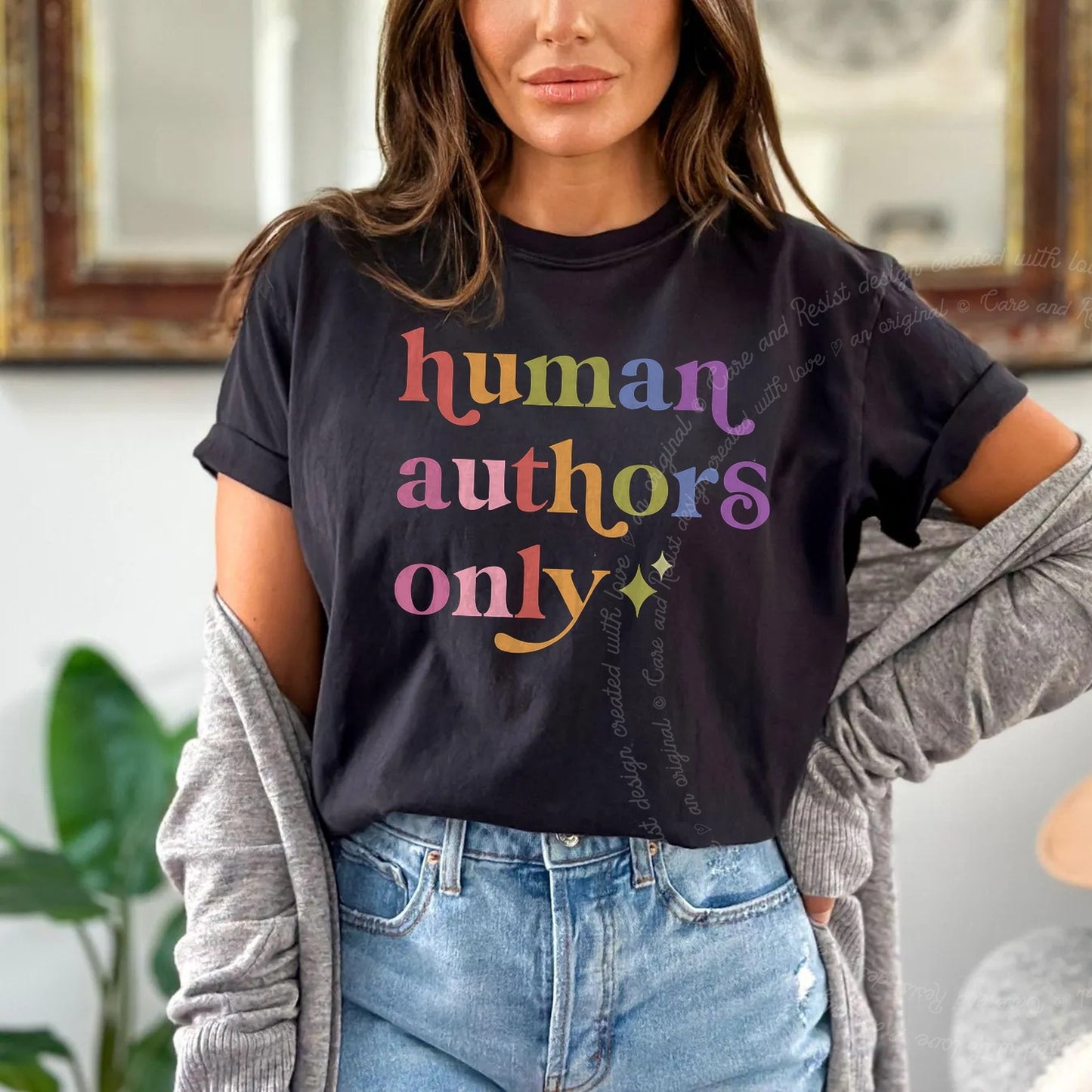 Human Authors Only Care & Resist rainbow tee