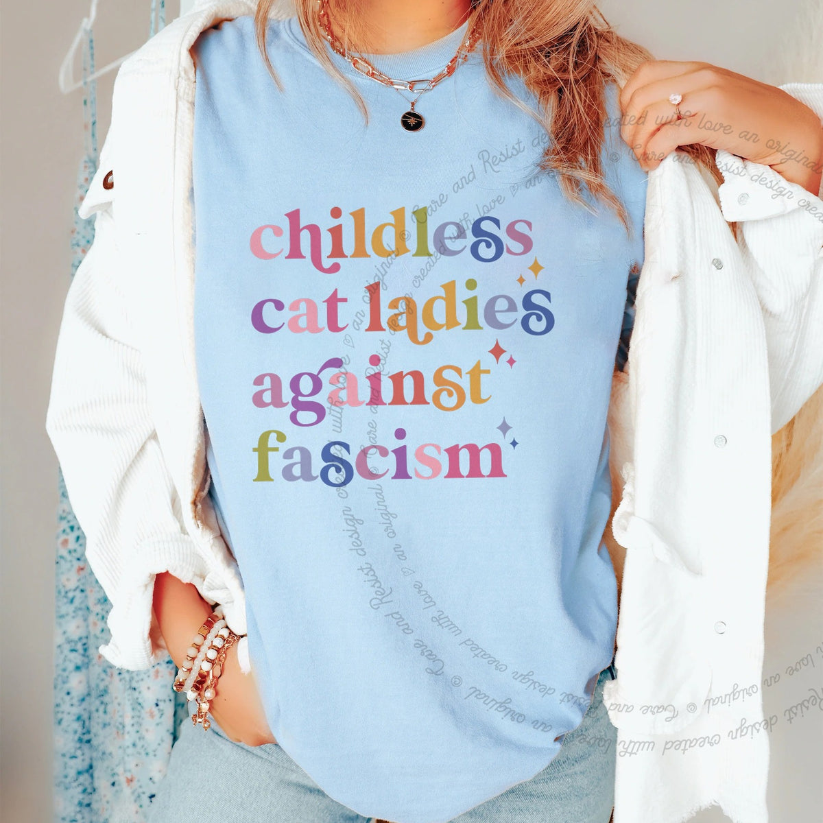 Childless Cat Ladies Against Fascism Care & Resist progressive t-shirt in Chambray