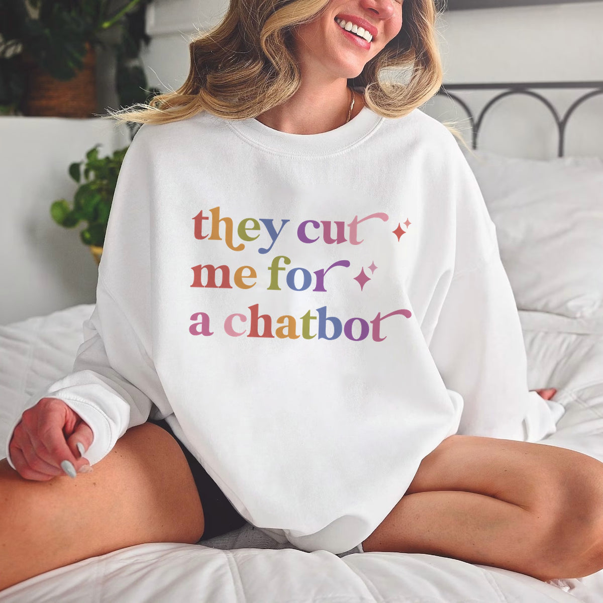 They Cut Me for a Chatbot Care & Resist Gildan crewneck sweatshirt in White