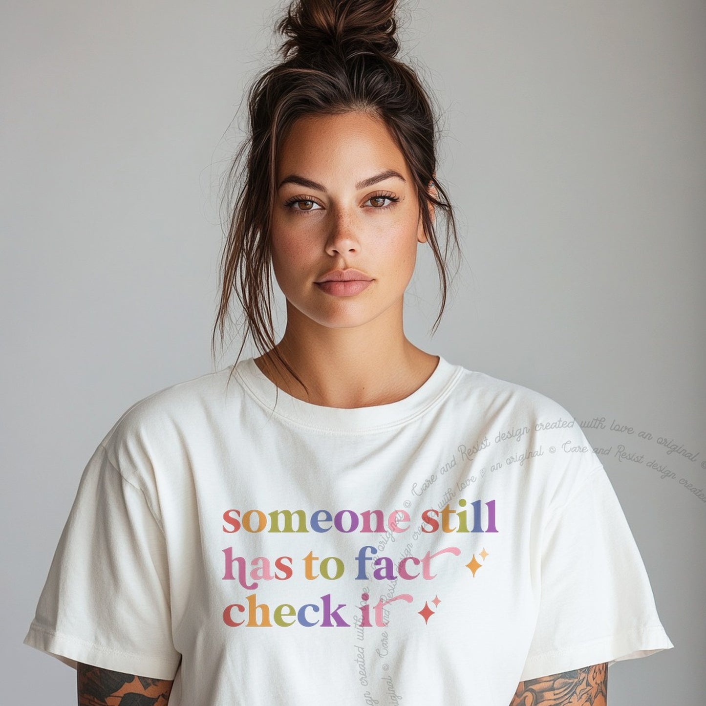 Someone Still Has to Fact Check It Care & Resist rainbow Comfort Colors tee, White