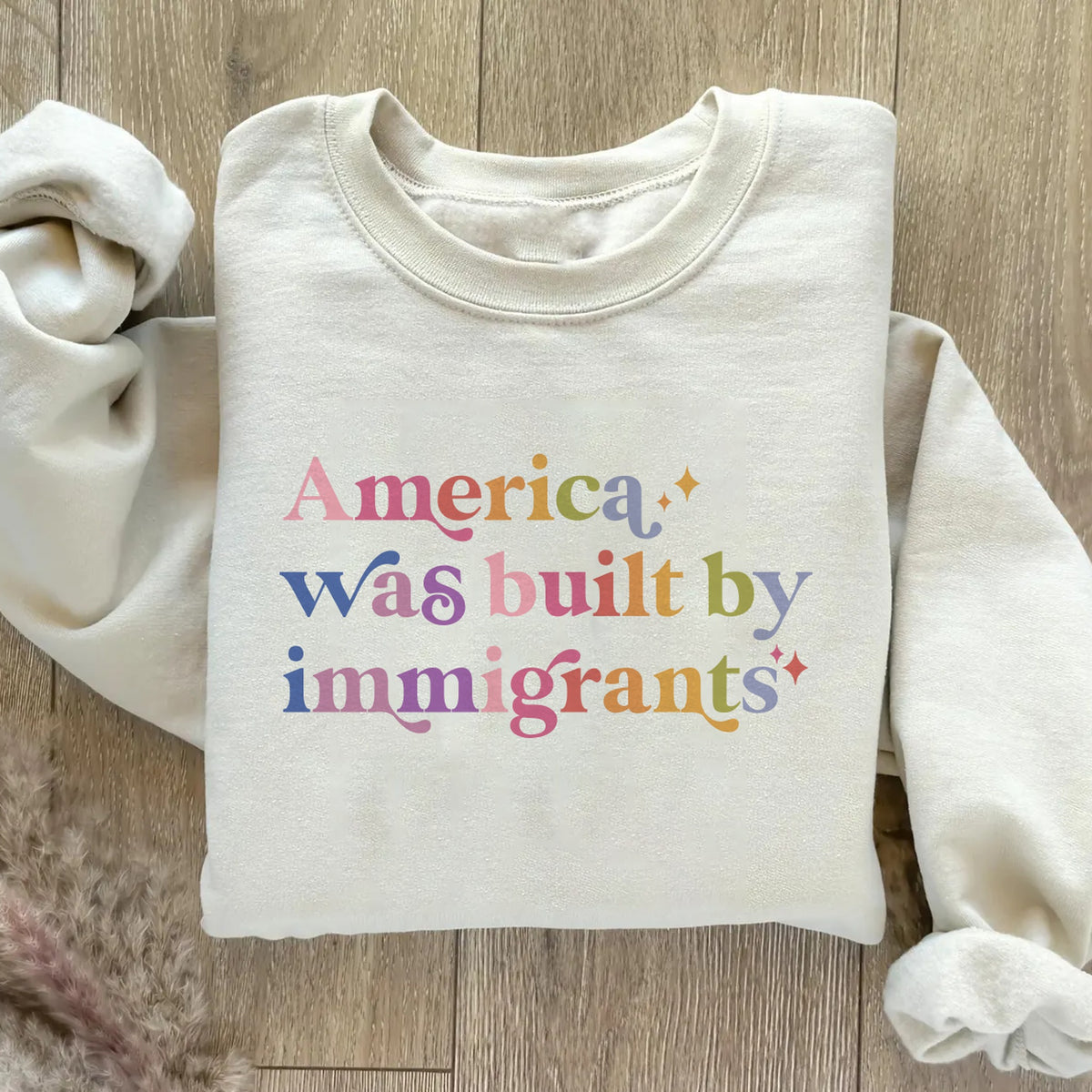 America Was Built By Immigrants Care & Resist Gildan crewneck sweatshirt in Sand