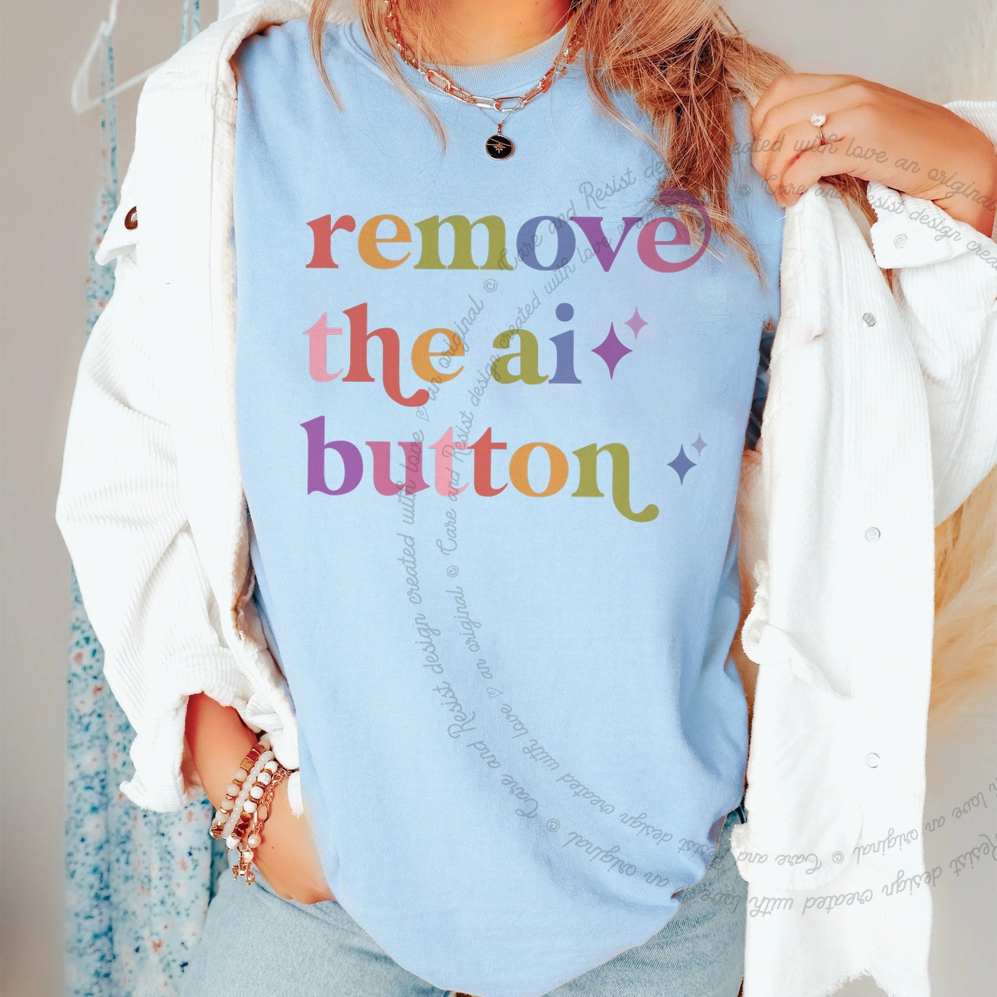 Remove the Ai Button Care & Resist rainbow tee