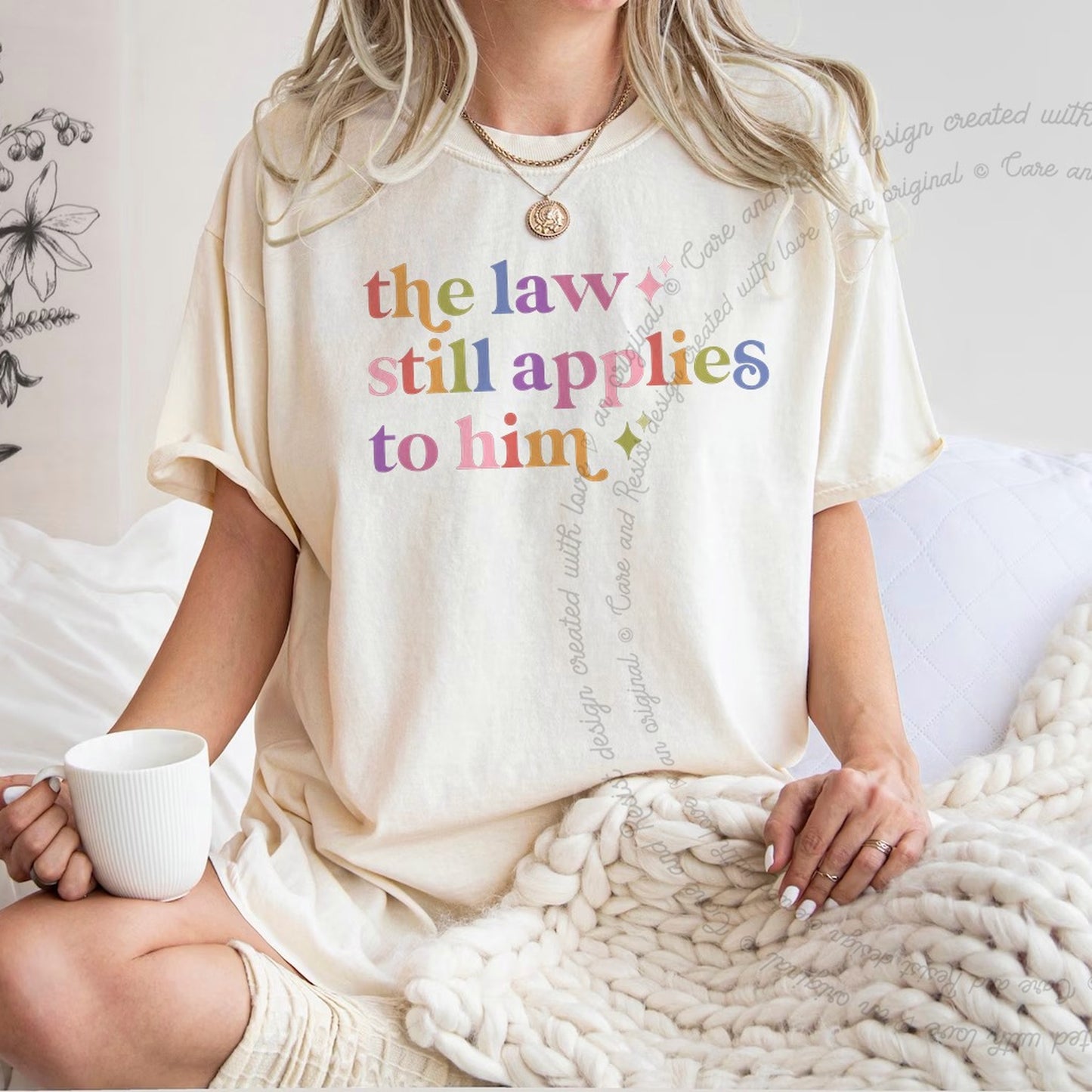 The Law Still Applies to Him Care & Resist rainbow Comfort Colors tee, Ivory