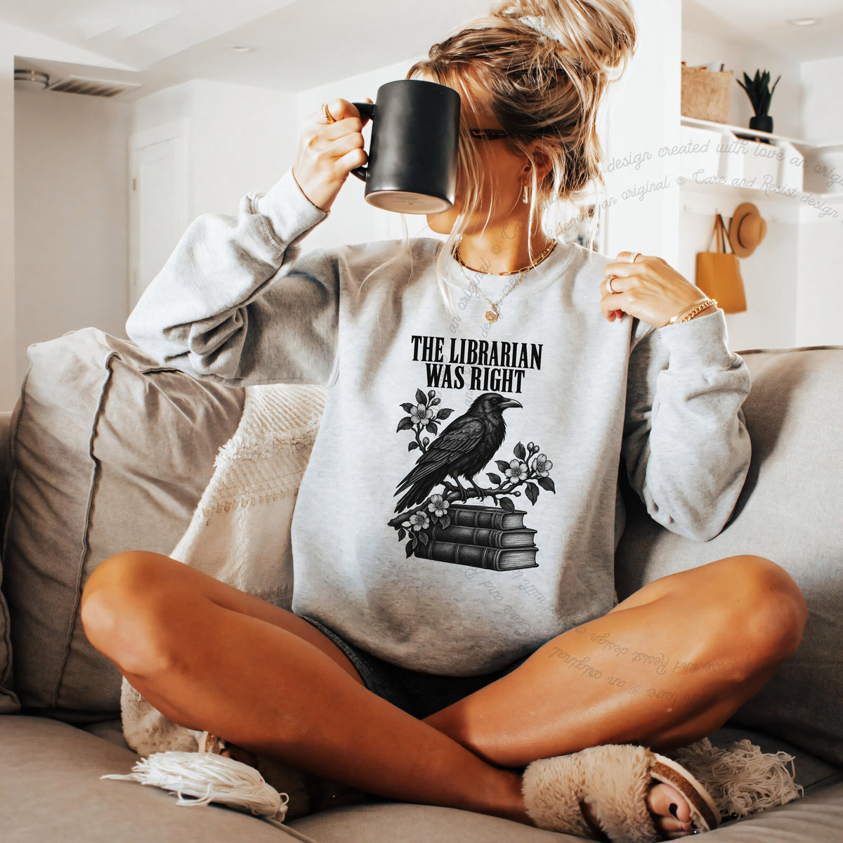 The Librarian Was Right Raven Care & Resist Gildan crewneck sweatshirt in Sport Grey
