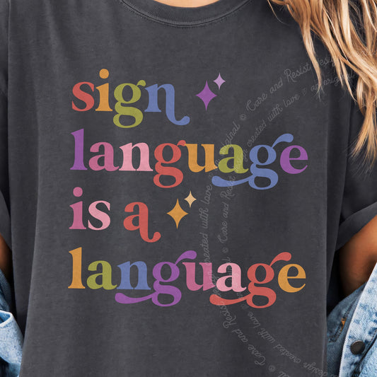 Sign Language is a Language Care & Resist progressive t-shirt in Graphite