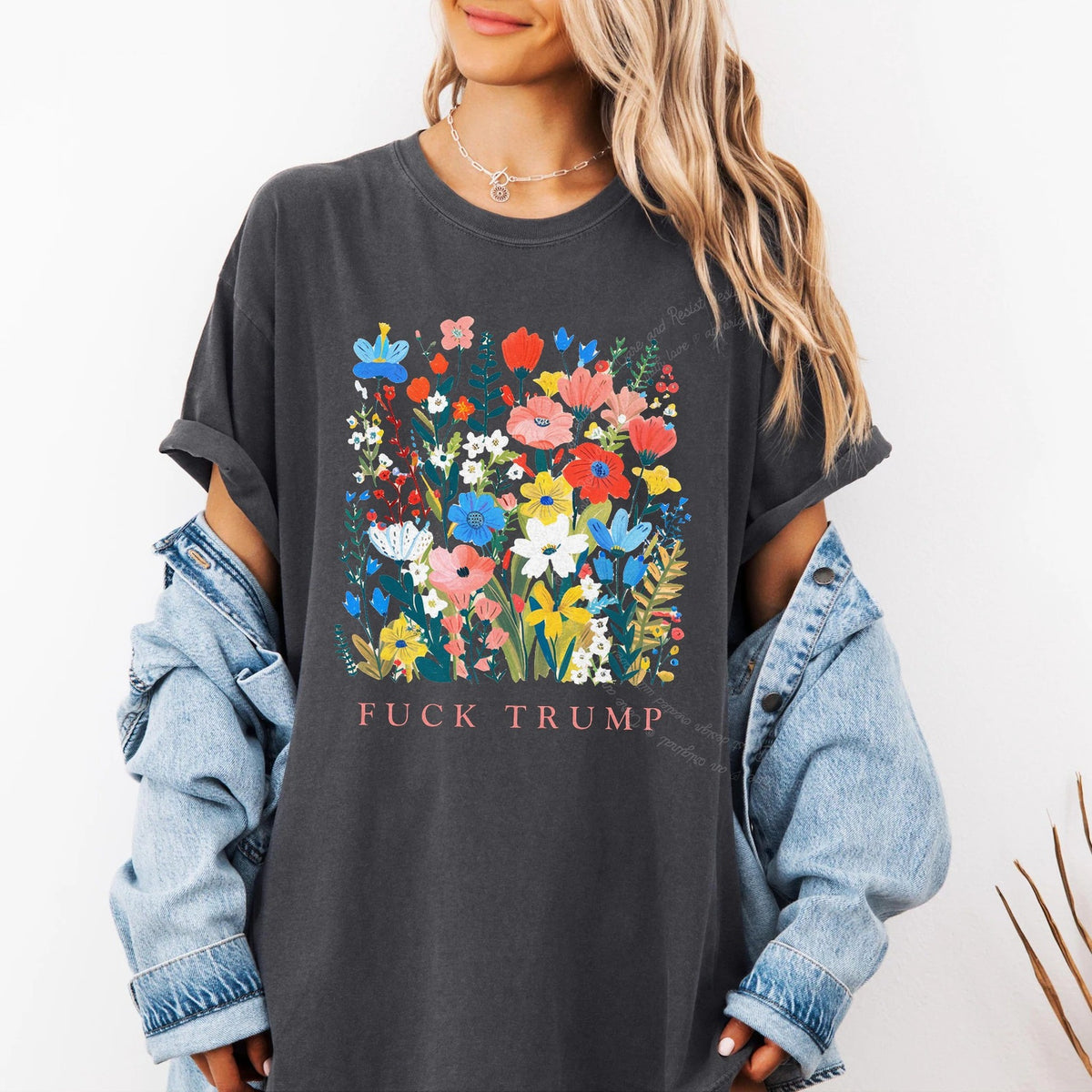 Fuck Trump Floral Care & Resist progressive t-shirt in Graphite