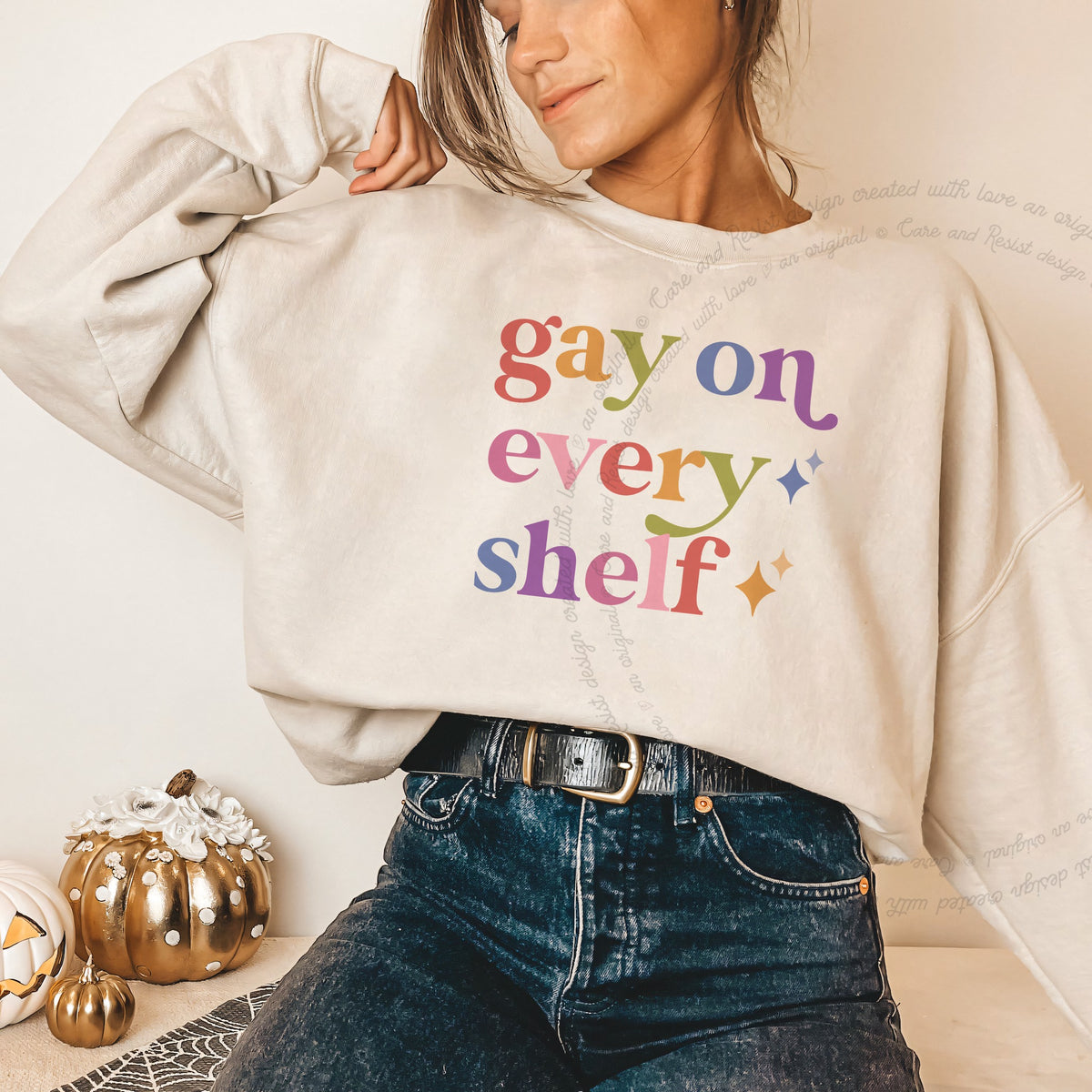 Gay on Every Shelf Care & Resist Gildan crewneck sweatshirt in Sand