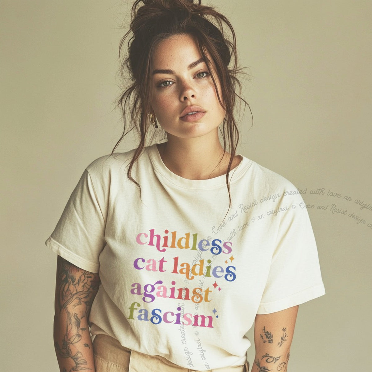 Childless Cat Ladies Against Fascism Care & Resist progressive t-shirt in Ivory