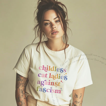 Childless Cat Ladies Against Fascism Care & Resist progressive t-shirt in Ivory