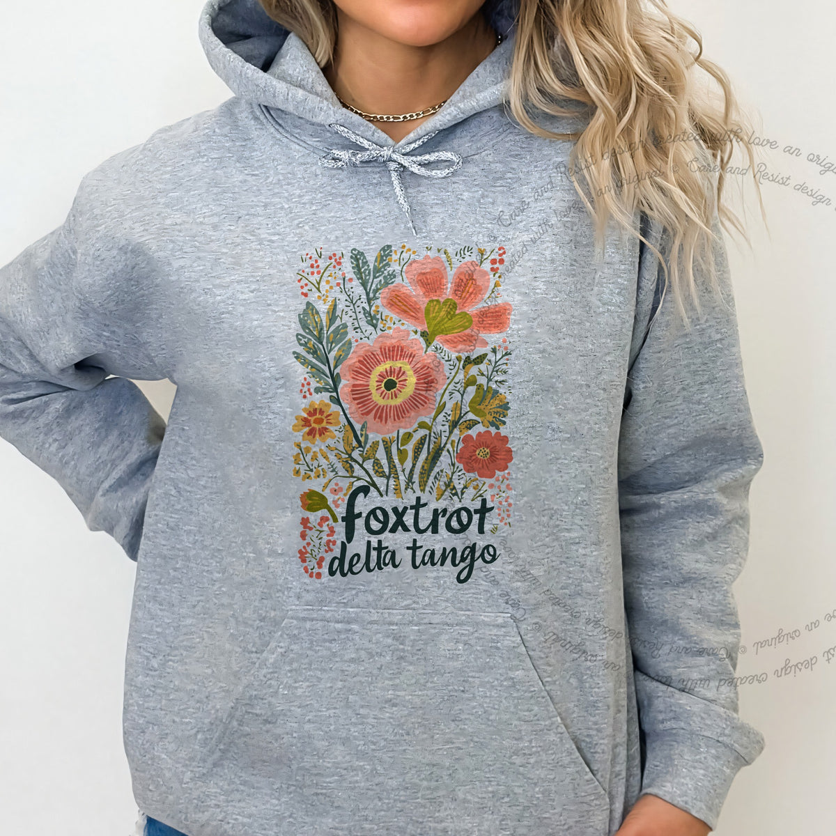 Foxtrot Delta Tango Care & Resist Gildan hoodie in Sport Grey