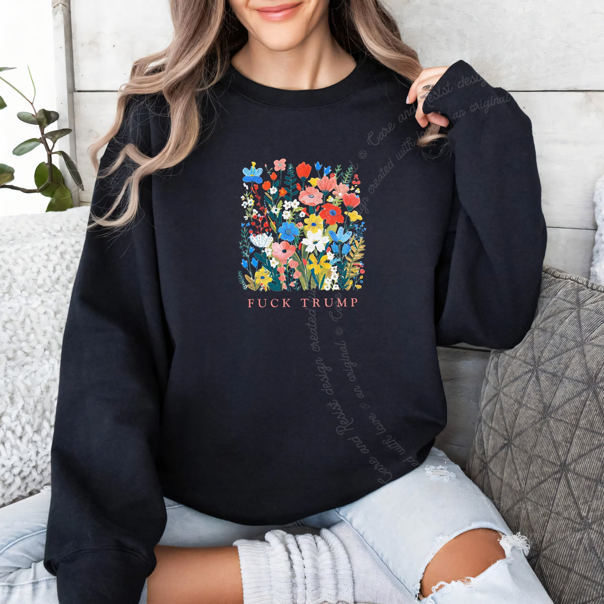 Fuck Trump Floral Care & Resist Gildan crewneck sweatshirt in Black