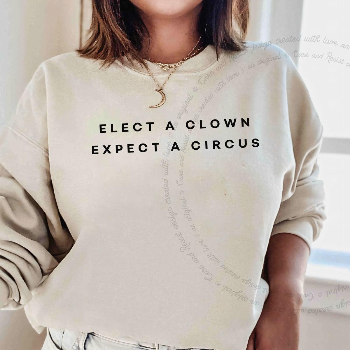 Elect a Clown Expect a Circus Care & Resist Gildan crewneck sweatshirt in Sand