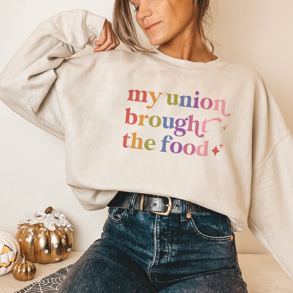 My Union Brought the Food Care & Resist Gildan crewneck sweatshirt in Sand