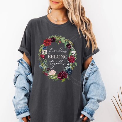 Families Belong Together Wreath Care & Resist progressive t-shirt in Graphite