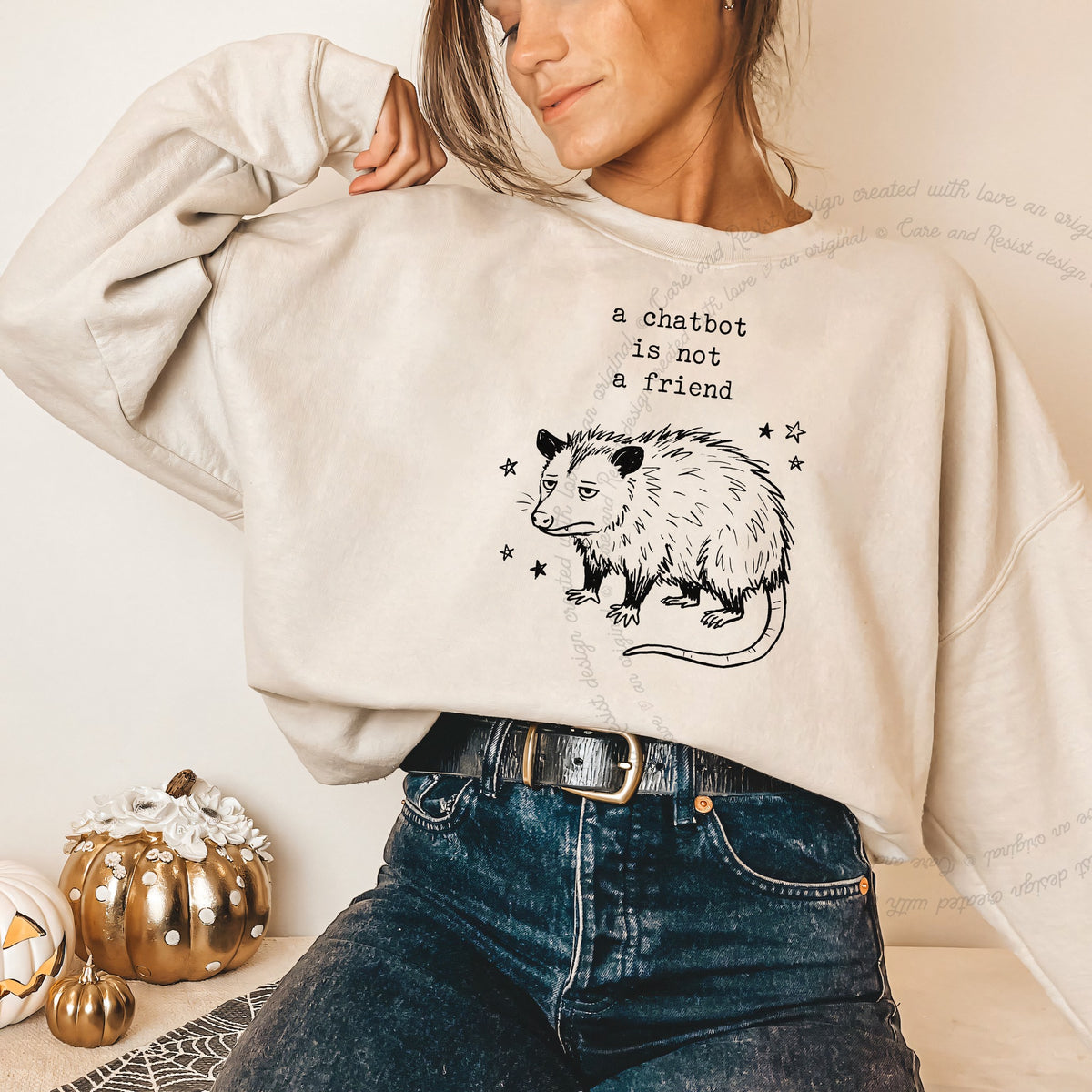 A Chatbot is not a Friend Possum Care & Resist Gildan crewneck sweatshirt in Sand