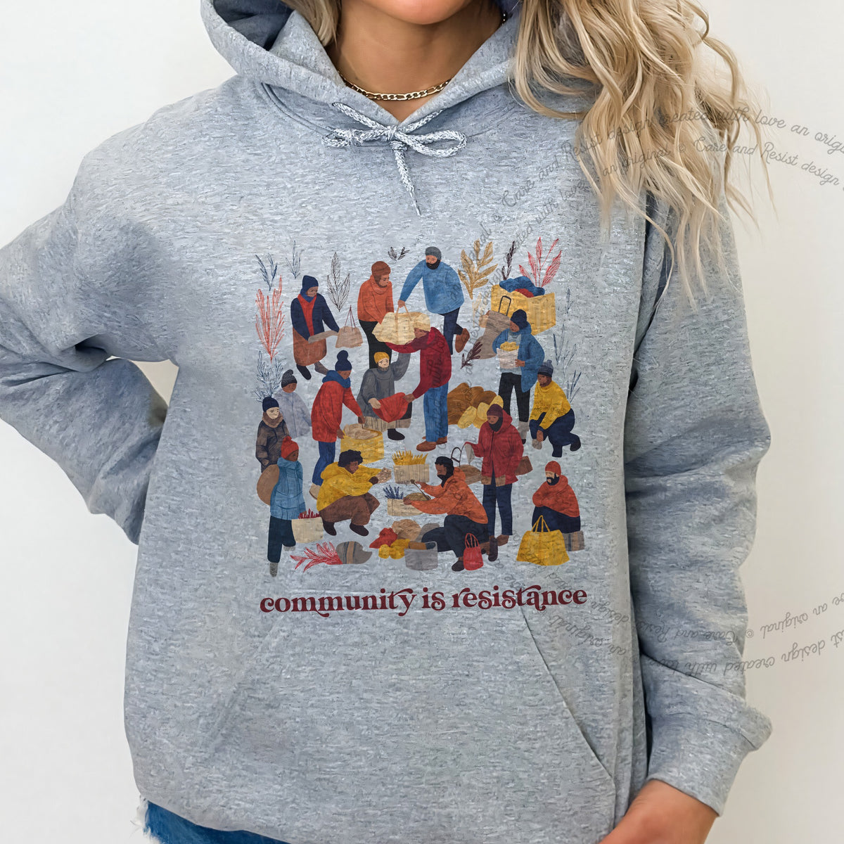 Community is Resistance Retro People Care & Resist Gildan hoodie in Sport Grey