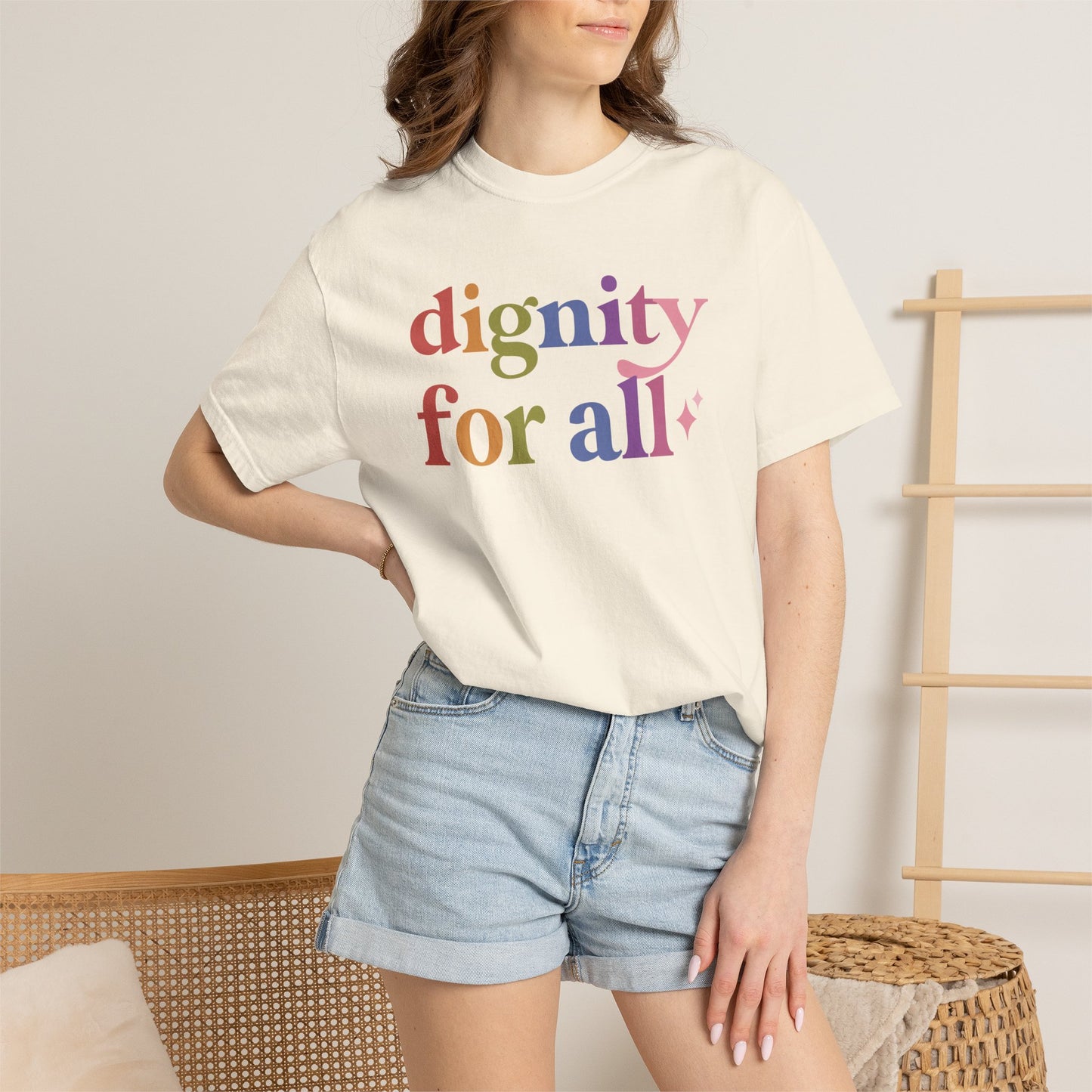 Dignity for All Care & Resist rainbow Comfort Colors tee