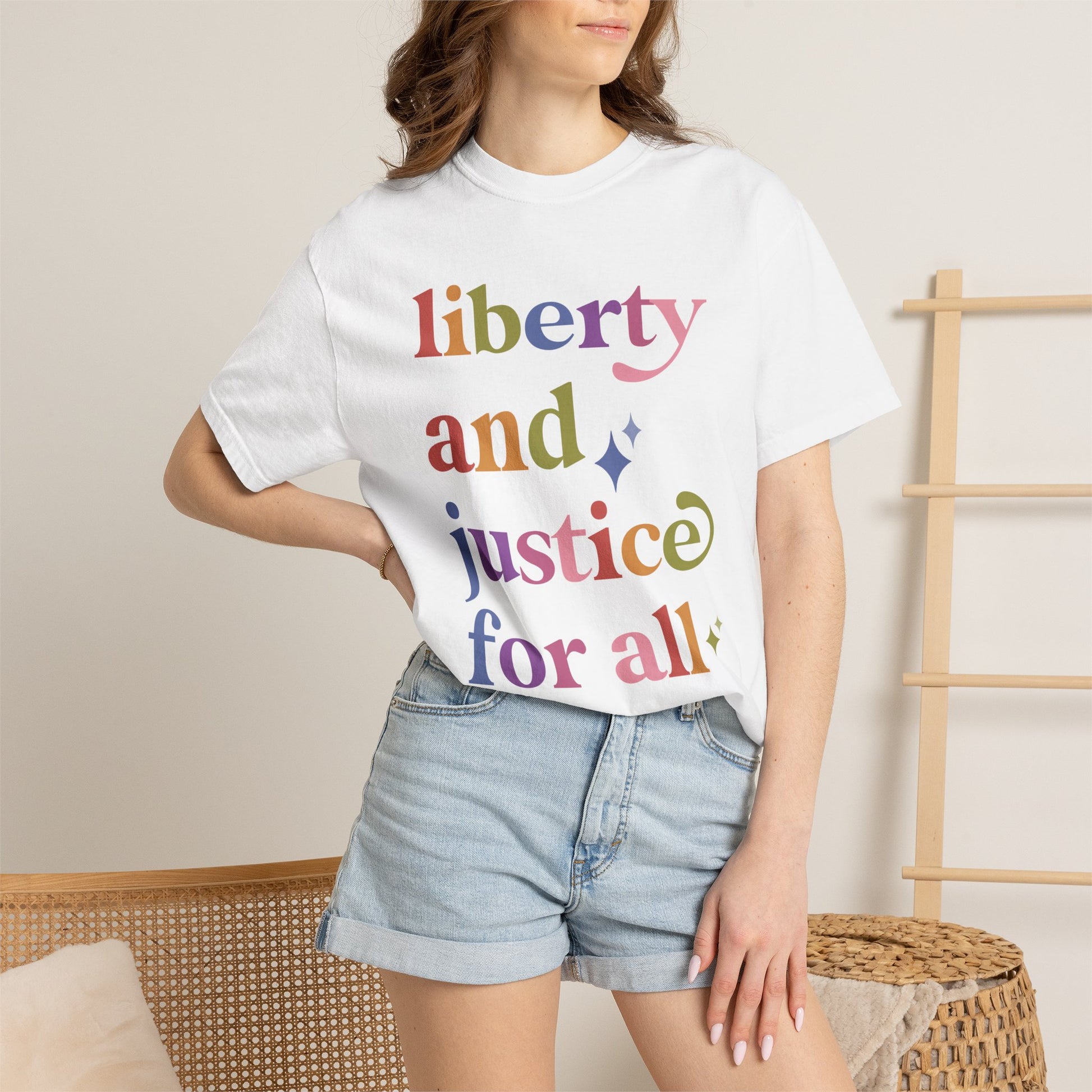 Liberty and Justice for All Care & Resist rainbow Comfort Colors tee