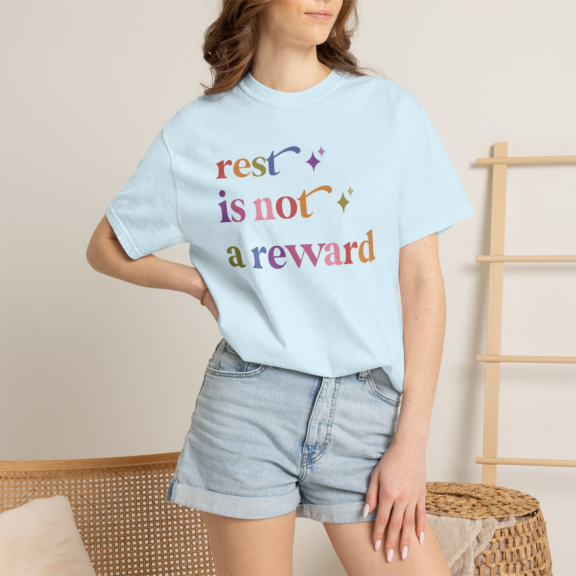Rest is not a Reward Care & Resist rainbow Comfort Colors tee