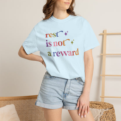 Rest is not a Reward Care & Resist rainbow Comfort Colors tee