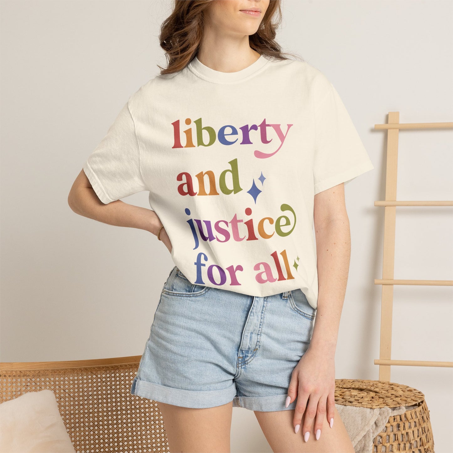 Liberty and Justice for All Care & Resist rainbow Comfort Colors tee