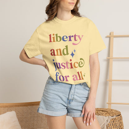 Liberty and Justice for All Care & Resist rainbow Comfort Colors tee