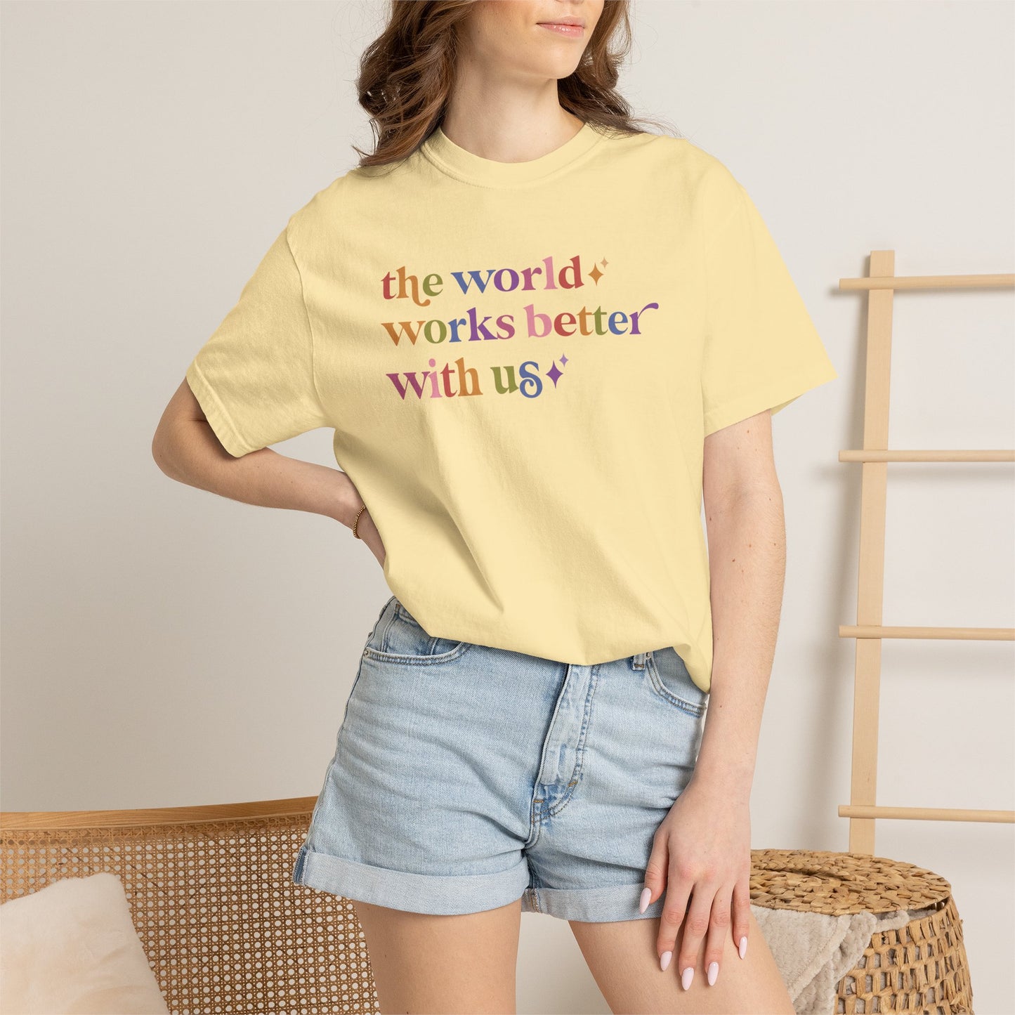 The World Works Better With Us Care & Resist rainbow Comfort Colors tee