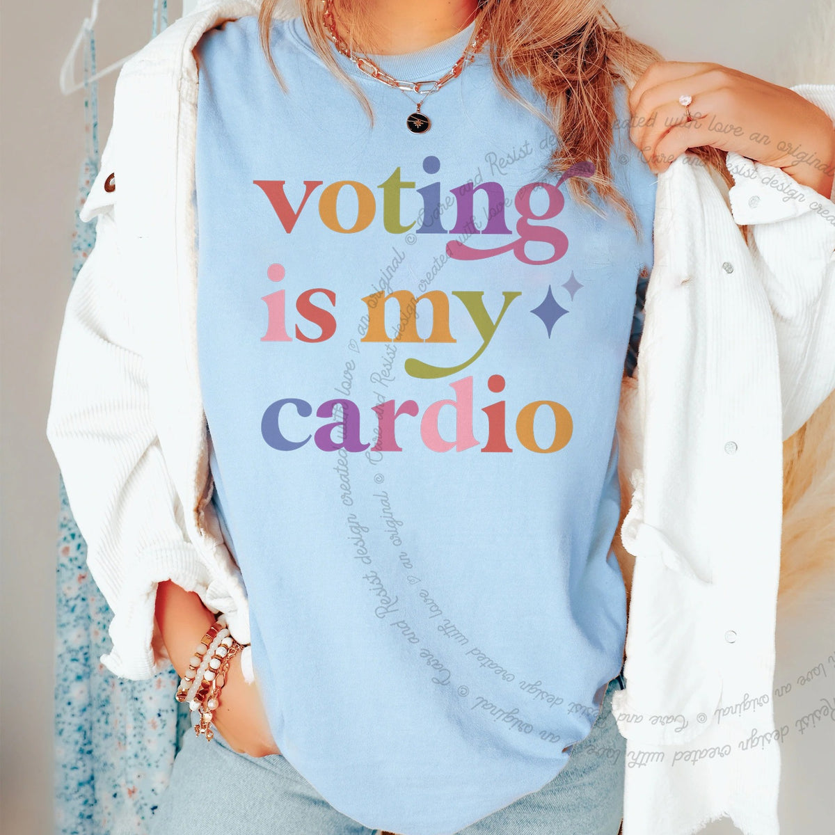 Voting is My Cardio Care & Resist rainbow tee