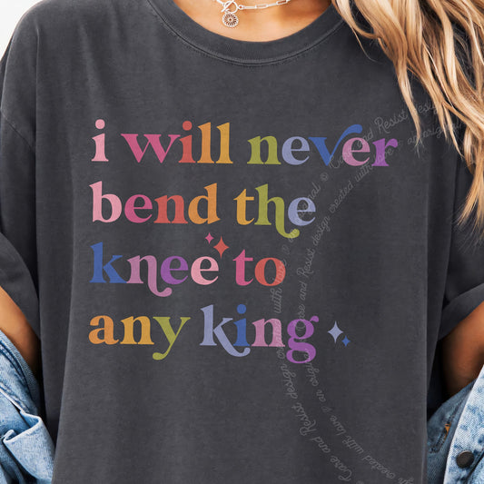 I Will Never Bend the Knee to Any King Care & Resist progressive t-shirt in Graphite