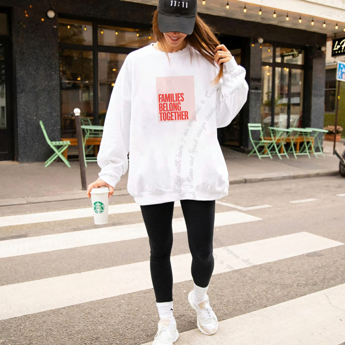 Families Belong Together Red Pink Care & Resist Gildan crewneck sweatshirt in White
