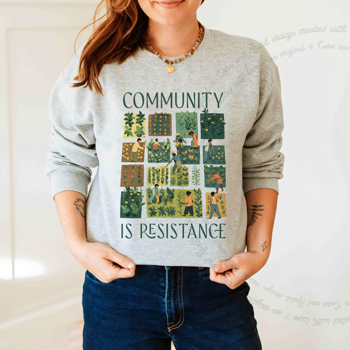 Community Is Resistance Garden Squares Care & Resist Gildan crewneck sweatshirt in Sport Grey