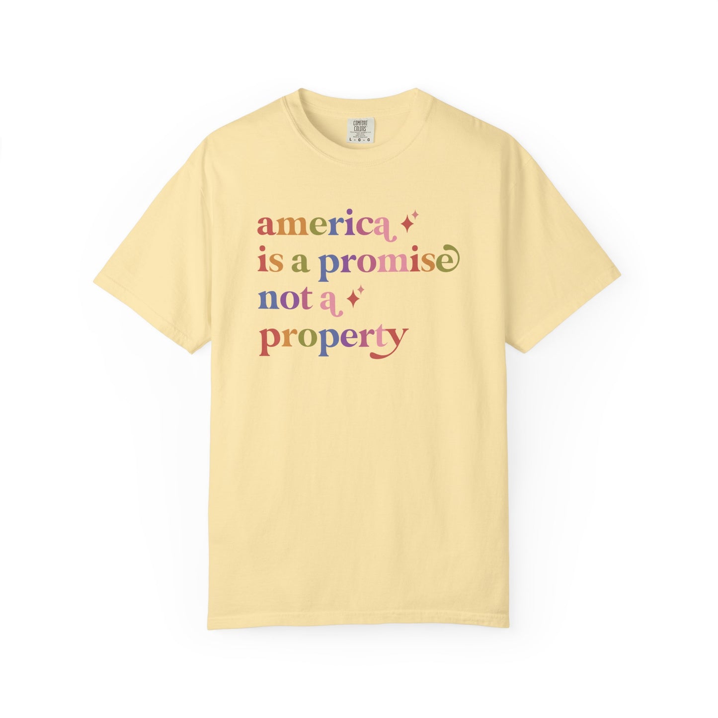 America is a Promise not a Property Care & Resist rainbow Comfort Colors tee