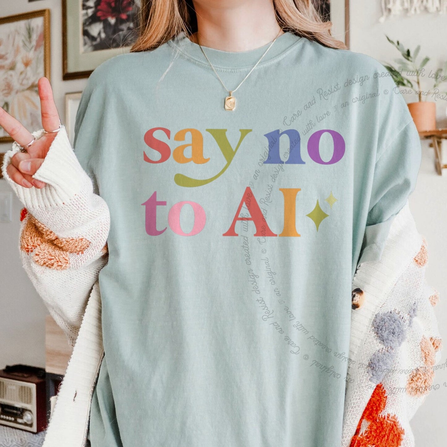 Say No to Ai Care & Resist rainbow Comfort Colors tee, Bay