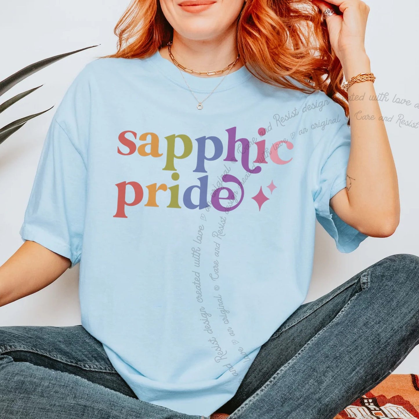 Sapphic Pride Care & Resist rainbow Comfort Colors tee, Chambray
