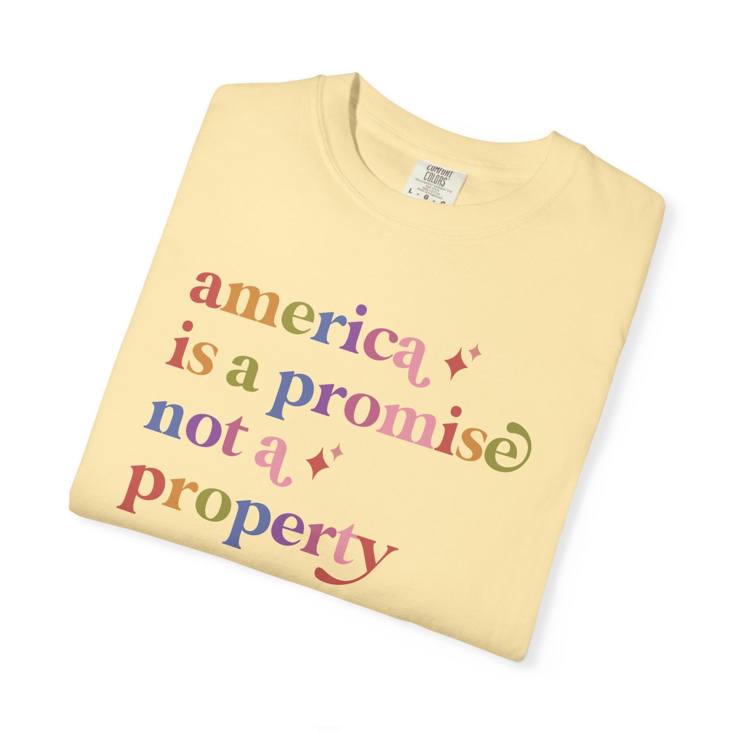 America is a Promise not a Property Care & Resist rainbow Comfort Colors tee