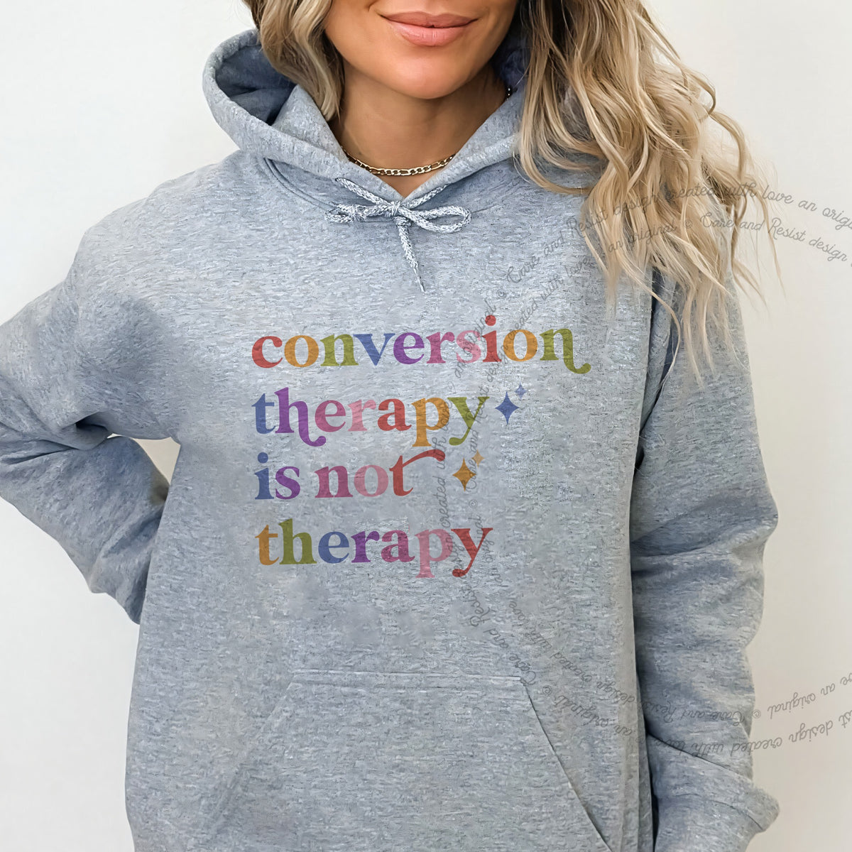 Conversion Therapy is not Therapy Care & Resist Gildan hoodie in Sport Grey
