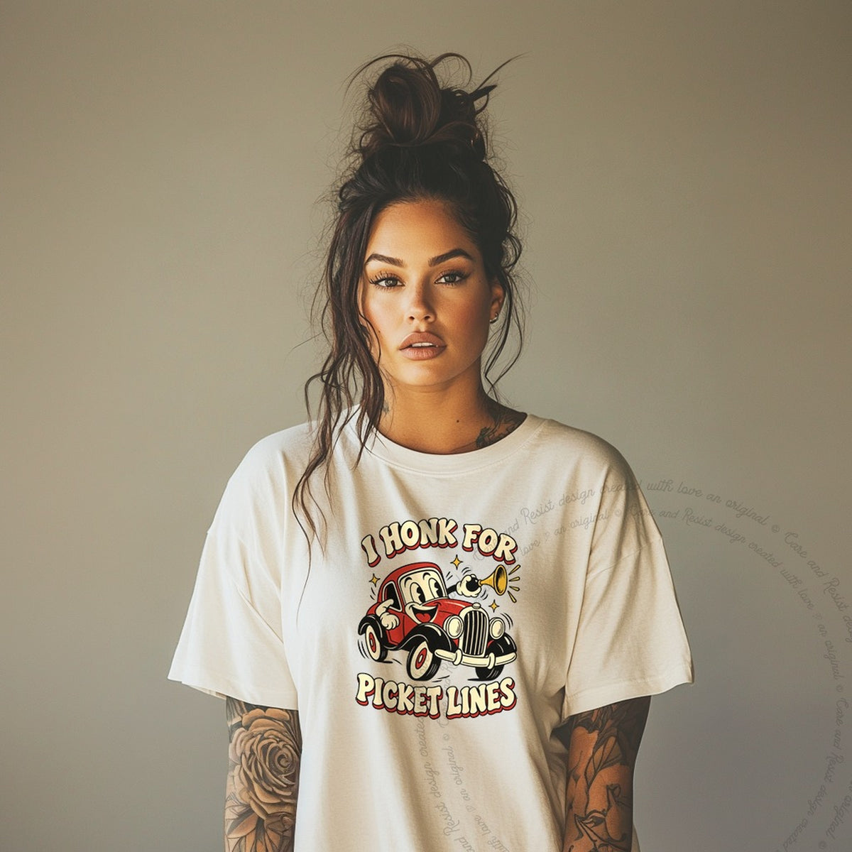 I Honk for Picket Lines Cartoon Care & Resist progressive t-shirt in Ivory