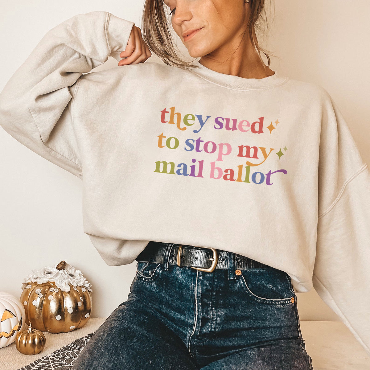 They Sued to Stop My Mail Ballot Care & Resist Gildan crewneck sweatshirt in Sand