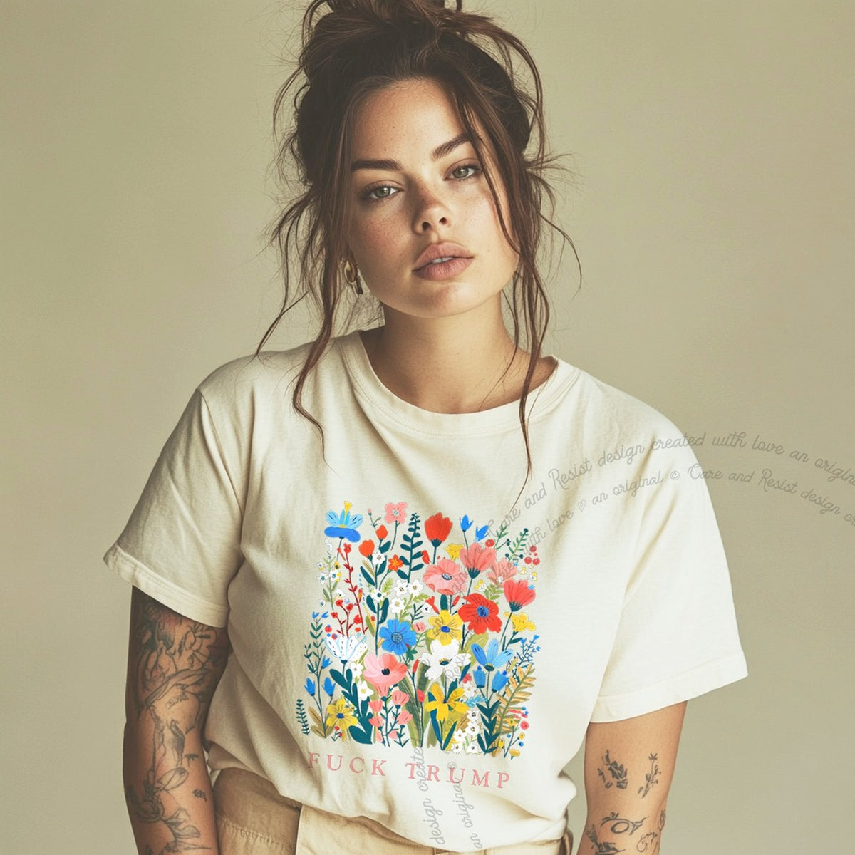 Fuck Trump Floral Care & Resist progressive t-shirt in Ivory