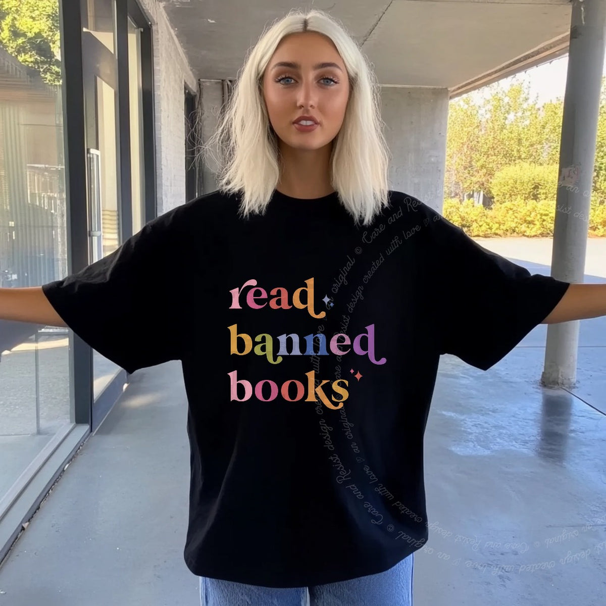 Read Banned Books Care & Resist progressive t-shirt in Black