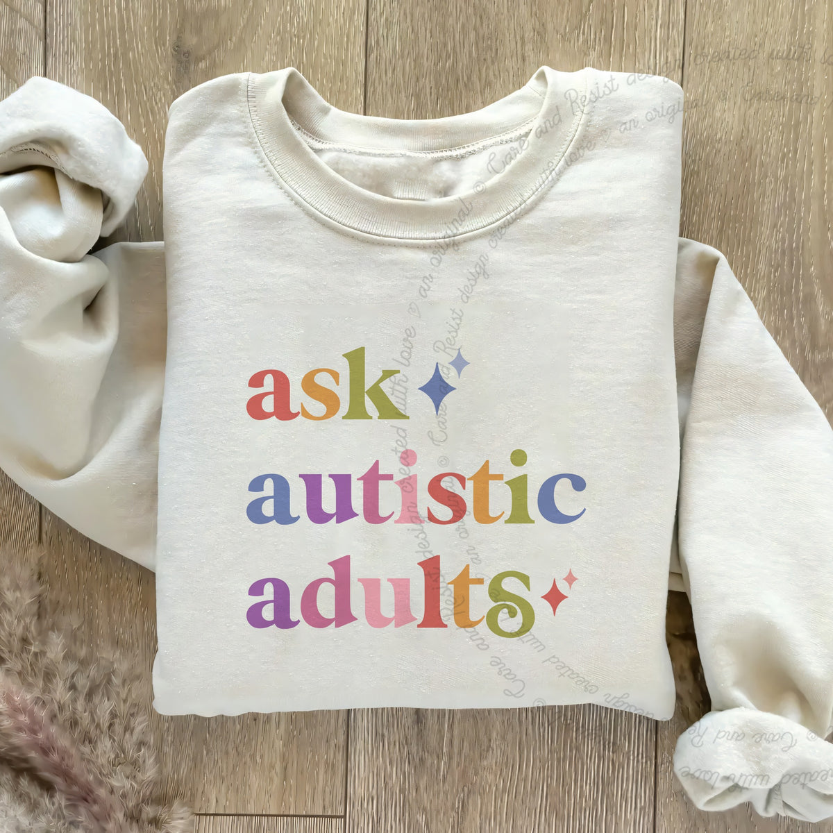 Ask Autistic Adults Care & Resist Gildan crewneck sweatshirt in Sand