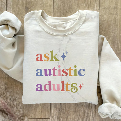 Ask Autistic Adults Care & Resist Gildan crewneck sweatshirt in Sand