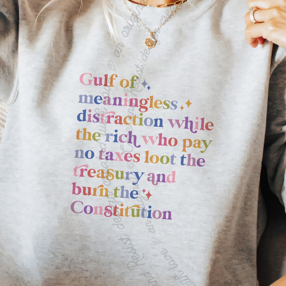 Gulf of Meaningless Distraction While the Rich Who Pay No Taxes Loot the Treasury and Burn the Constitution Care & Resist Gildan crewneck sweatshirt in Sport Grey