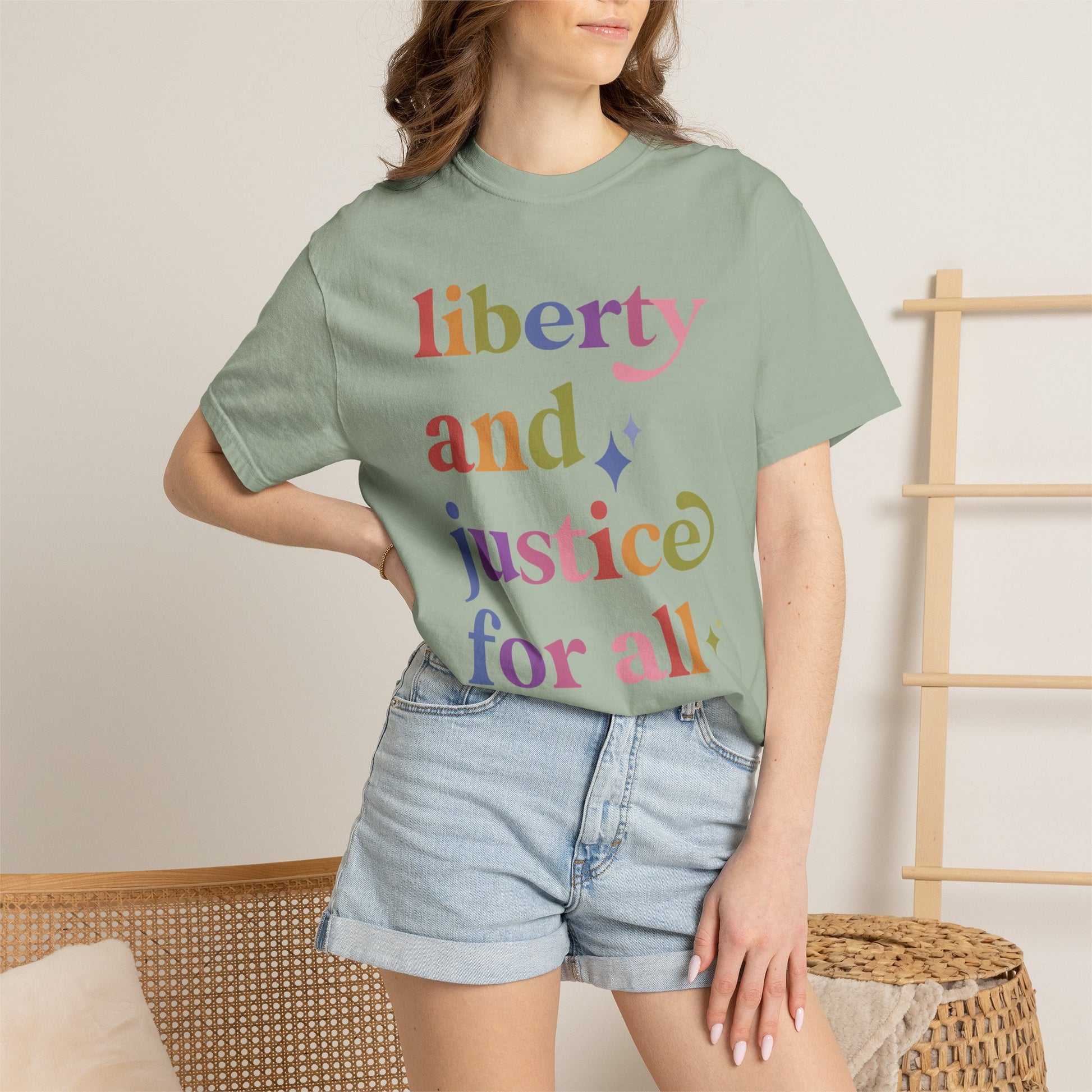 Liberty and Justice for All Care & Resist rainbow Comfort Colors tee