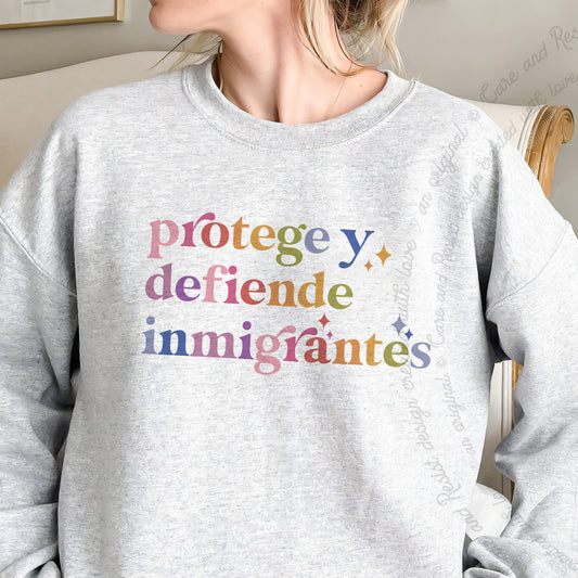Protege Y Defiende Inmigrantes Care & Resist Gildan crewneck sweatshirt in Sport Grey