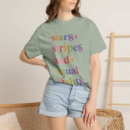 Stars Stripes and Equal Rights Care & Resist rainbow Comfort Colors tee