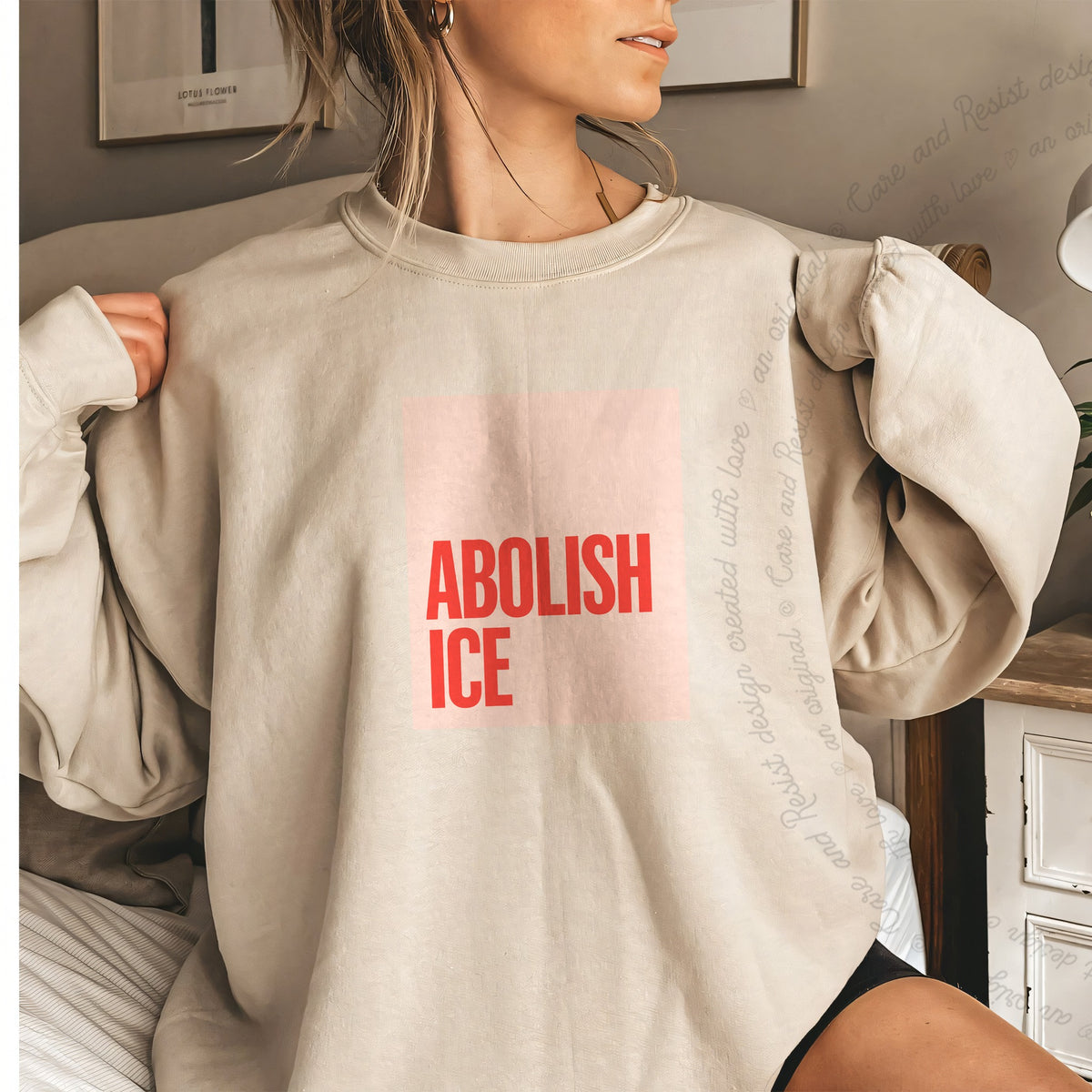Abolish ICE Care & Resist Gildan crewneck sweatshirt in Sand