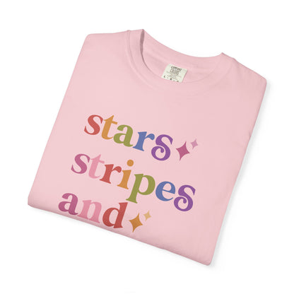 Stars Stripes and Equal Rights Care & Resist rainbow Comfort Colors tee