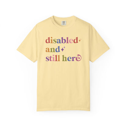 Disabled and Still Here Care & Resist rainbow Comfort Colors tee